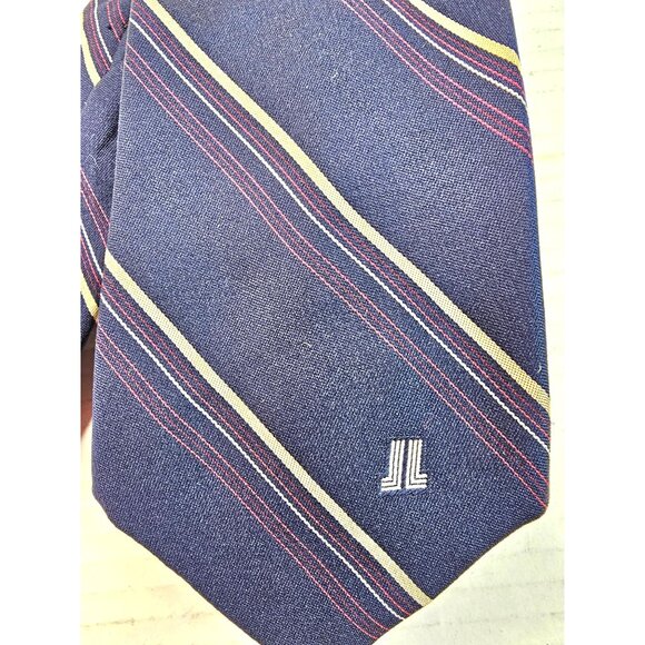 Lanvin Mens Navy Blue Striped Silk Tie With Red & Yellow Accents - Picture 3 of 8